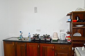 Fridge, stovetop, dishwasher, coffee/tea maker