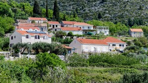 A cluster of stone buildings with red-tiled roofs, surrounded by greenery and hills. - Guesthouse Moretić (Dubrovnik)
