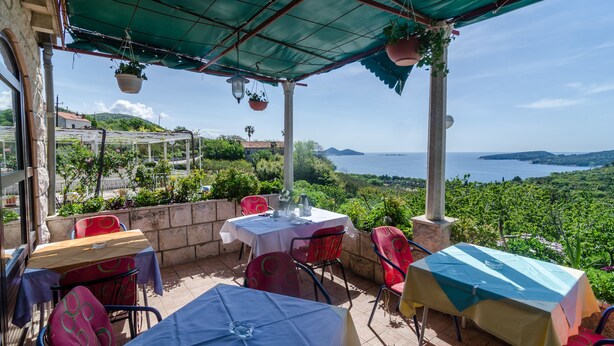 A terrace with tables and chairs, overlooking a scenic landscape with a view of the sea and hills. - Guesthouse Moretić (Dubrovnik)