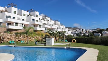 Seasonal outdoor pool, pool loungers