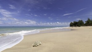A wide sandy beach with gentle waves, a clear sky, and a few trees in the distance.