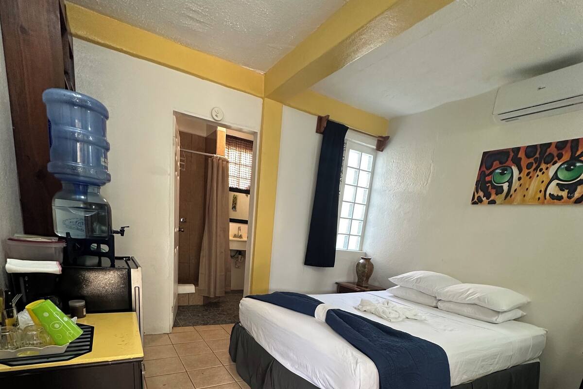A room with a bed, a desk with a water dispenser, a trash bin, and a window with curtains.