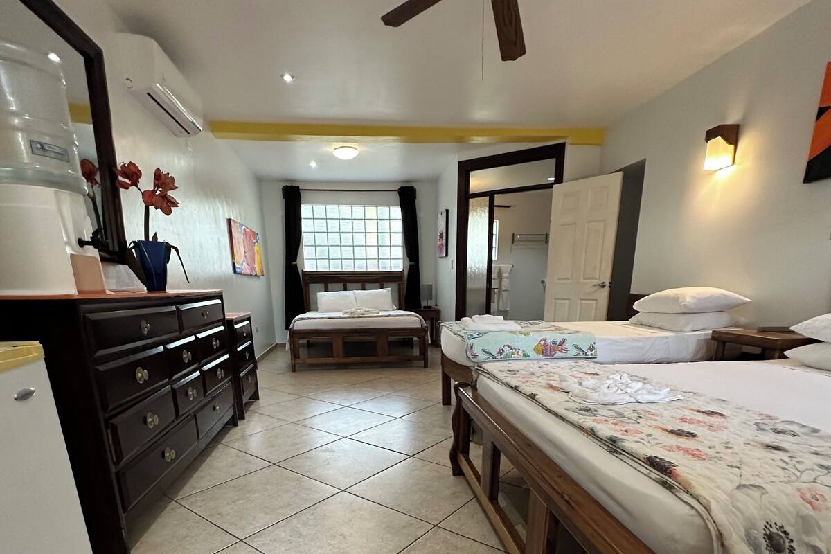 A hotel room with a bed, a desk, a wardrobe, a ceiling fan, and a window.