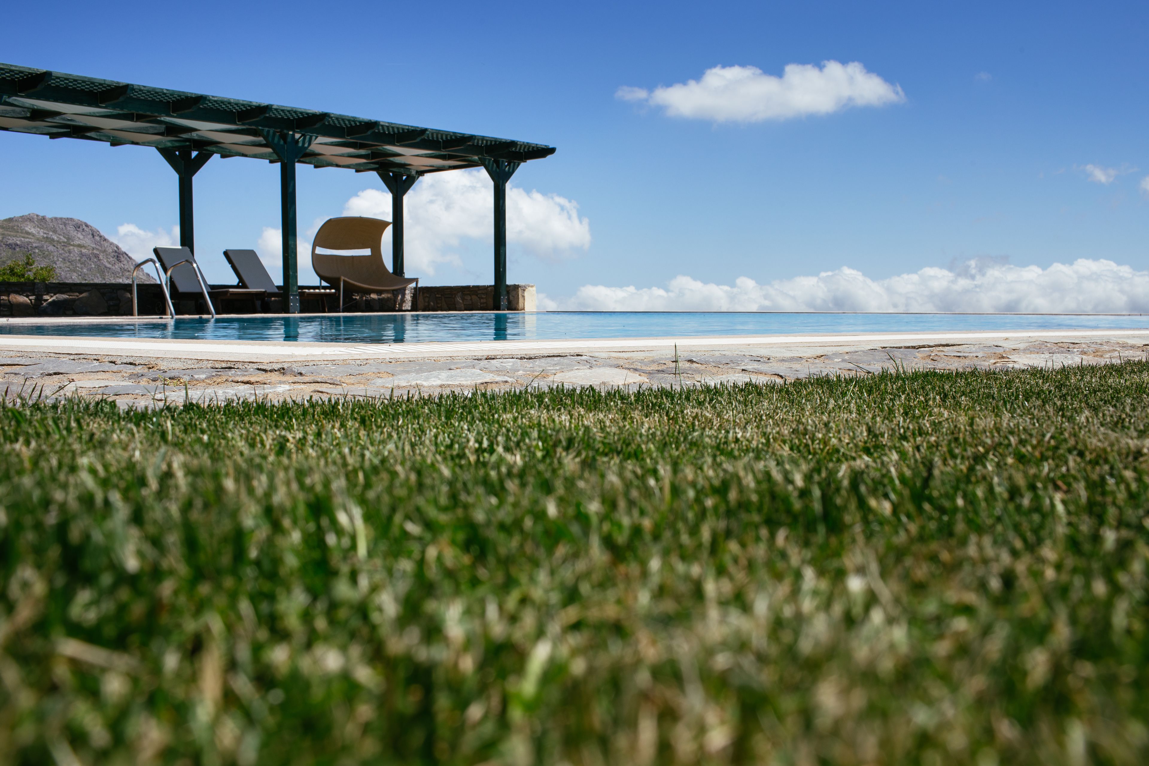 seasonal outdoor pool, an infinity pool, pool umbrellas, pool loungers