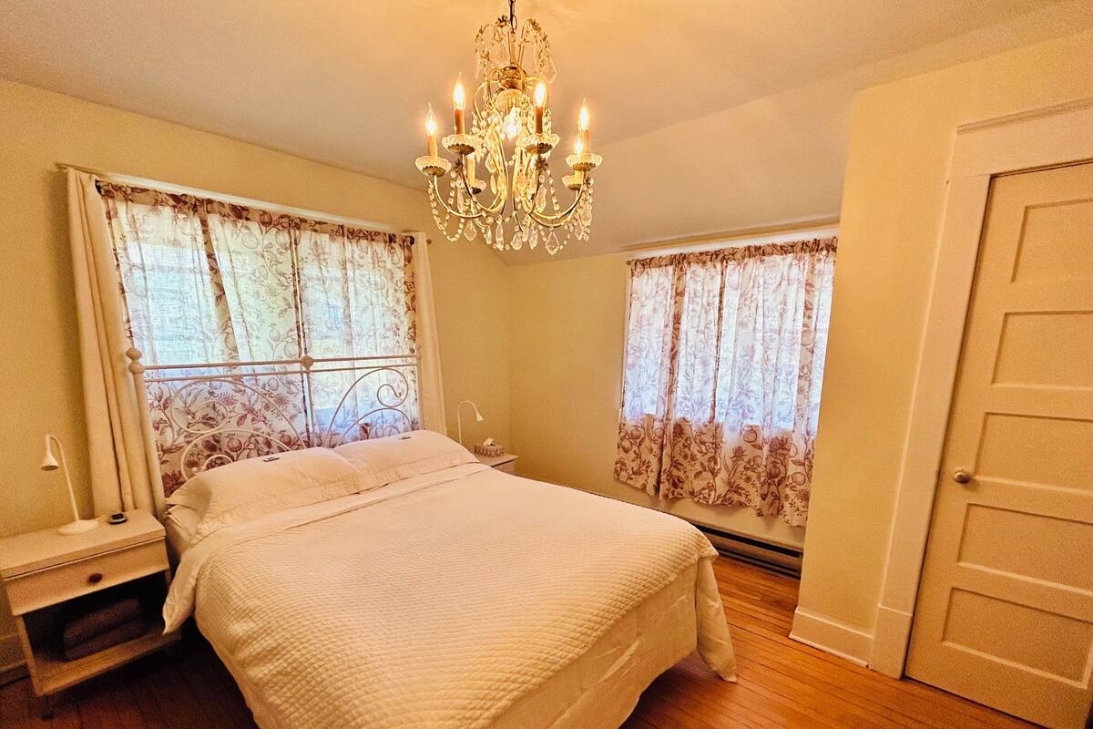 A bedroom with a large bed, a chandelier, and two windows with floral curtains.