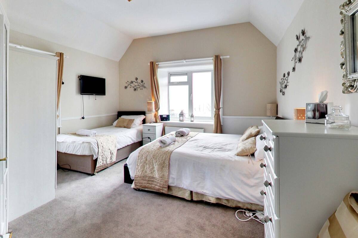 A bedroom with two beds, a TV, a window with curtains, a dresser, and a mirror.