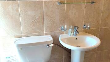 Une salle de bain équipée de toilettes, d’un bidet et d’un lavabo.