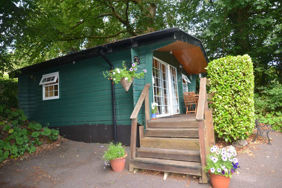 A small green building with a wooden staircase leading to a door, surrounded by greenery.