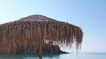 Plage, chaises longues, parasols