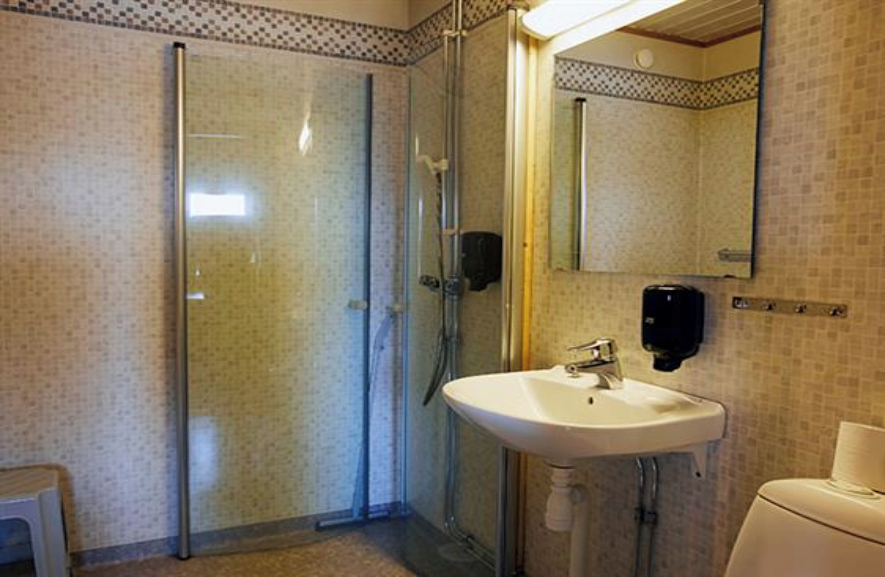 A bathroom with a glass shower enclosure, a sink with a soap dispenser, and a mirror.