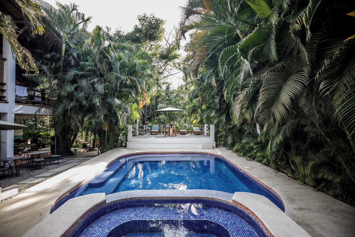 outdoor pool, pool umbrellas, pool loungers