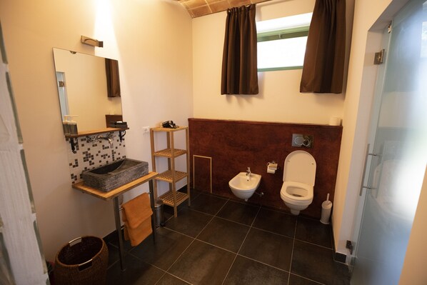 A bathroom with a sink, mirror, bidet, and a shower area. - La Vita Nuova (Morro d'Alba)