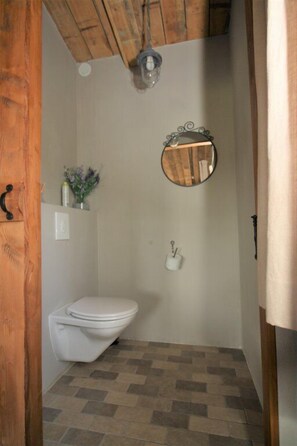 A small bathroom with a white toilet, a mirror, and a wall-mounted sink. - Studio Verhuur Jamzes (Hoogerheide)