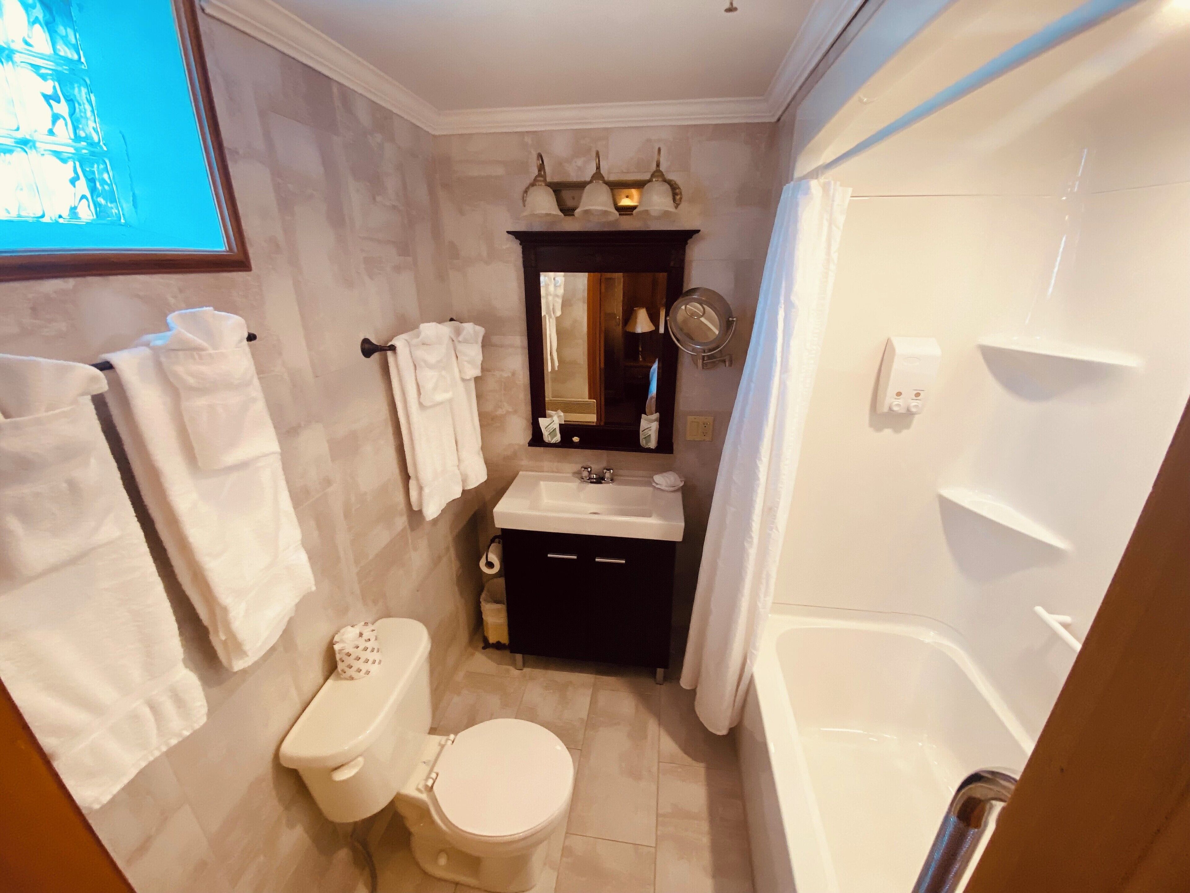 Een badkamer met toilet, wastafel en bad. Handdoeken hangen aan de muur en boven de wastafel hangt een spiegel.