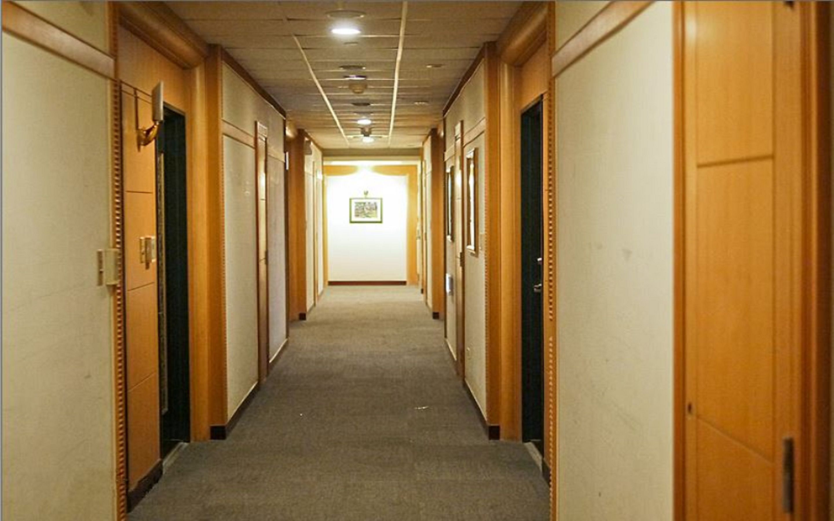 Un pasillo largo y estrecho con puertas de madera a ambos lados, que conduce a una habitación luminosa al final.