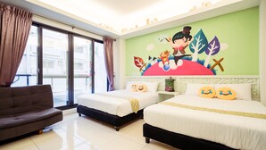 A hotel room with two beds, a sofa, and a large window. - Anping 72 Hostel (Tainan)