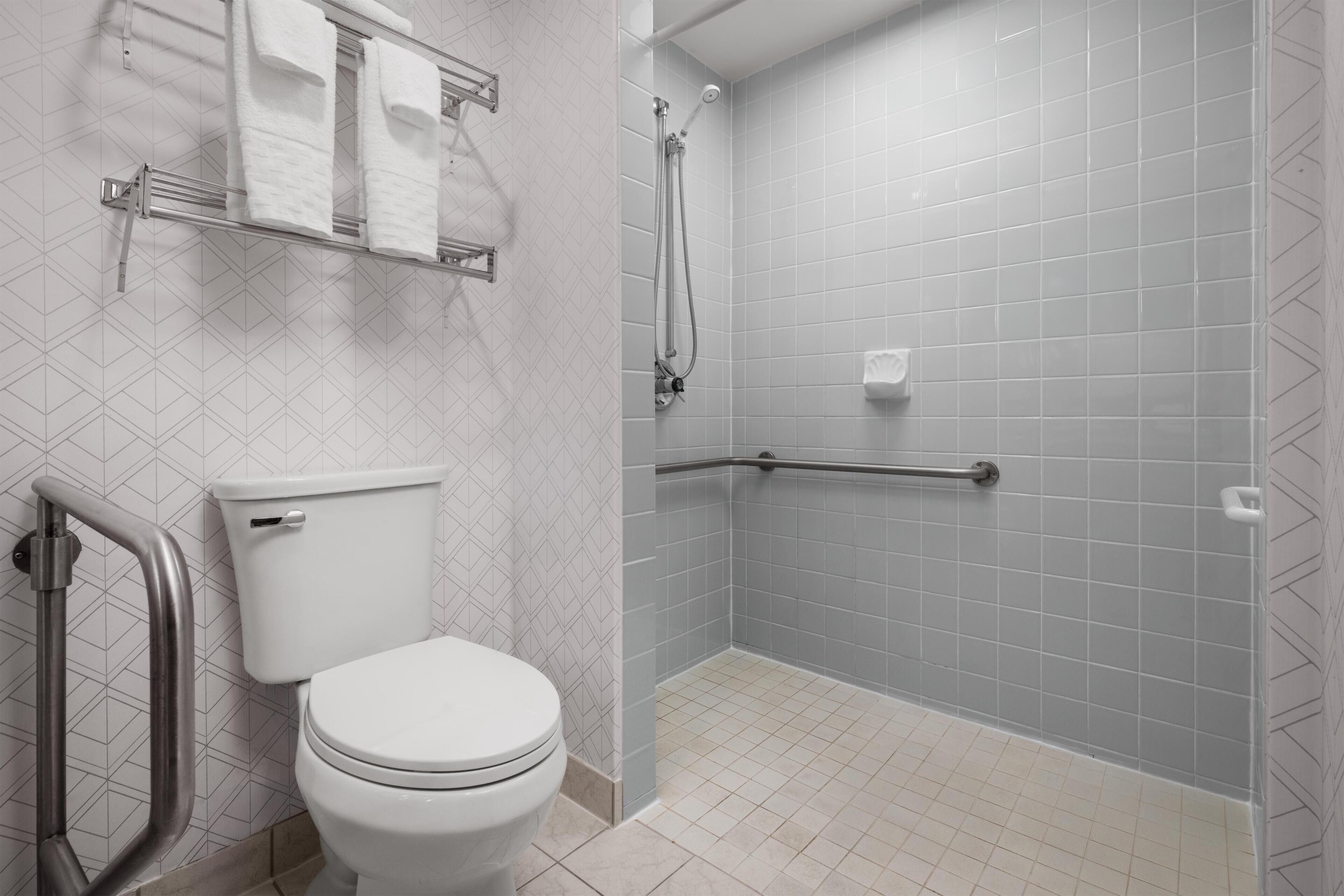 Ein Badezimmer mit Toilette, Dusche mit Haltegriff und Handtuchhalter.
