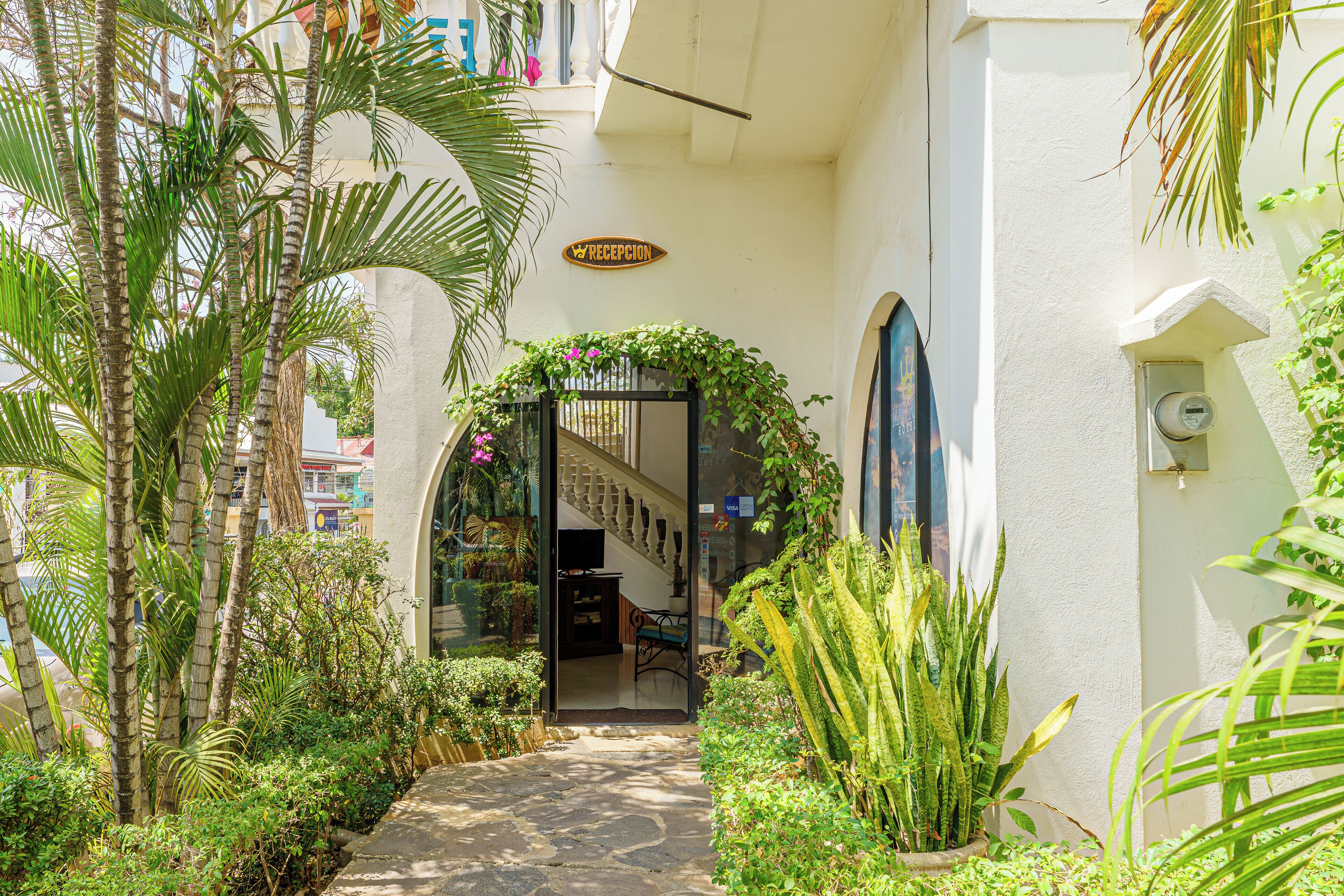 Zona de recepción con una escalera que conduce al piso superior, rodeada de abundante vegetación y palmeras.