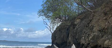 Una playa con un tronco grande de madera a la deriva, un acantilado rocoso y el océano.