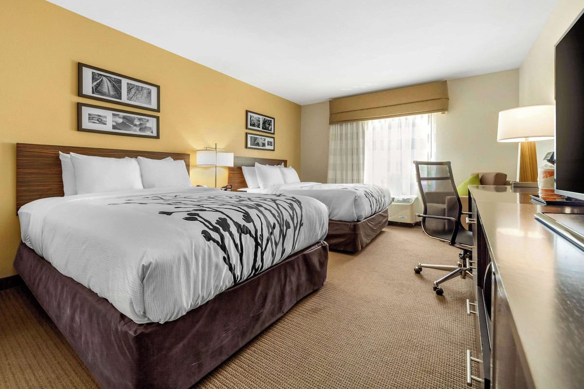 A hotel room with two beds, a desk, a chair, and a television.