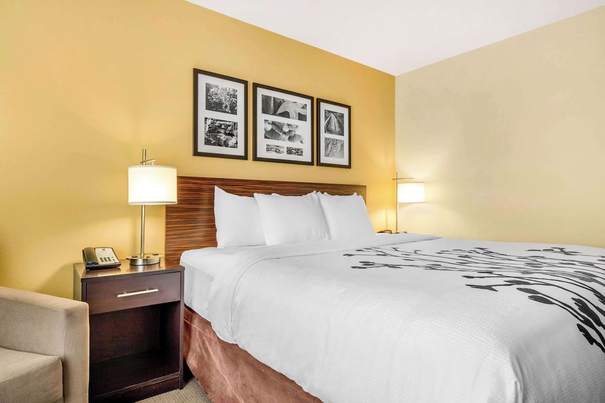 A hotel room with a bed, bedside lamps, a nightstand, a chair, and three framed pictures on the wall.