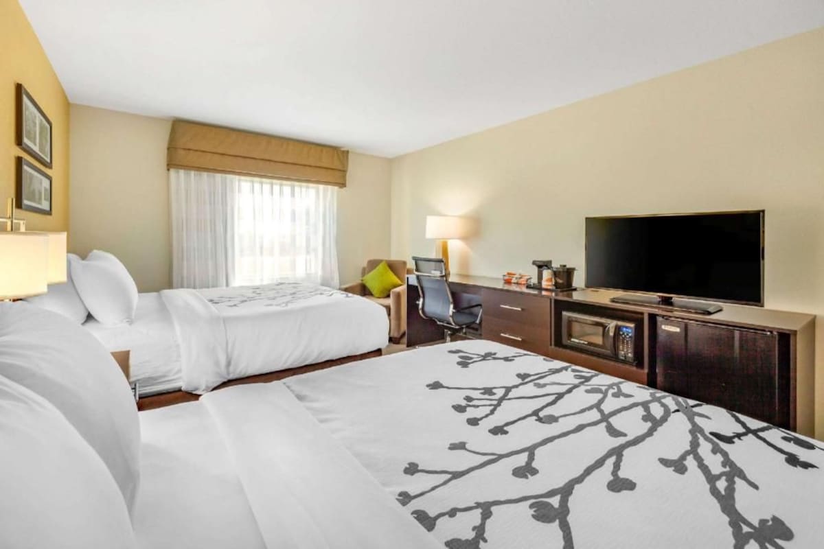 Premium bedding, down comforters, desk, laptop workspace