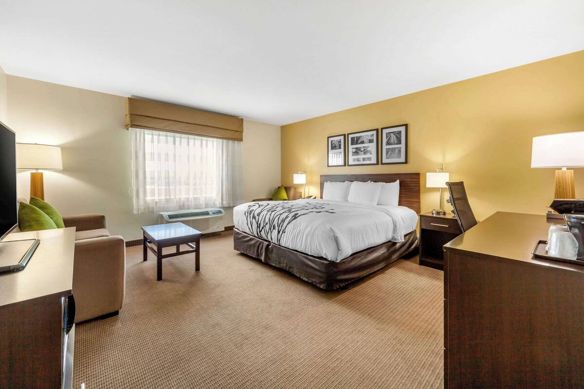 A hotel room with a bed, bedside tables, a desk, a chair, a TV, and a window with curtains.