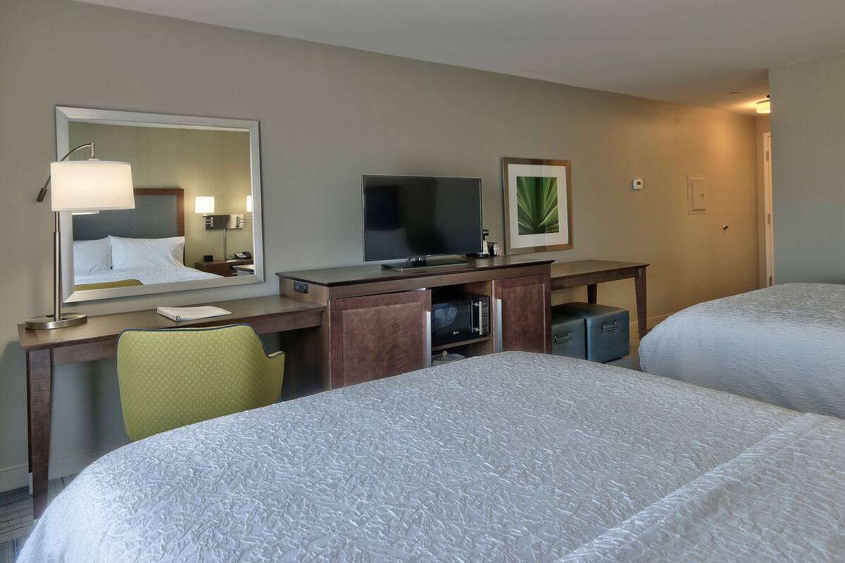 A hotel room with two beds, a desk with a flat-screen TV, a microwave, a chair, and a framed picture on the wall.