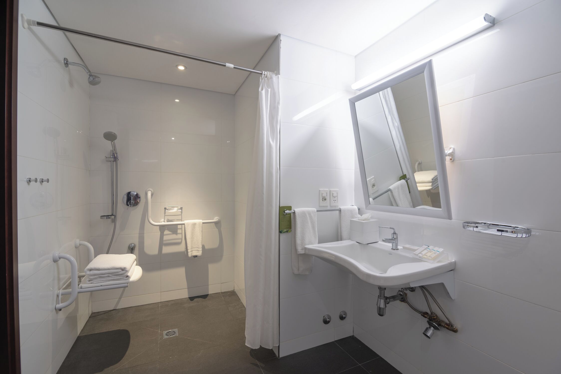 A modern bathroom with a shower, toilet, and sink.