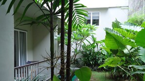 A courtyard with a white wall, a wooden railing, and various green plants. - Hotel Scarlet Makassar (Makassar)