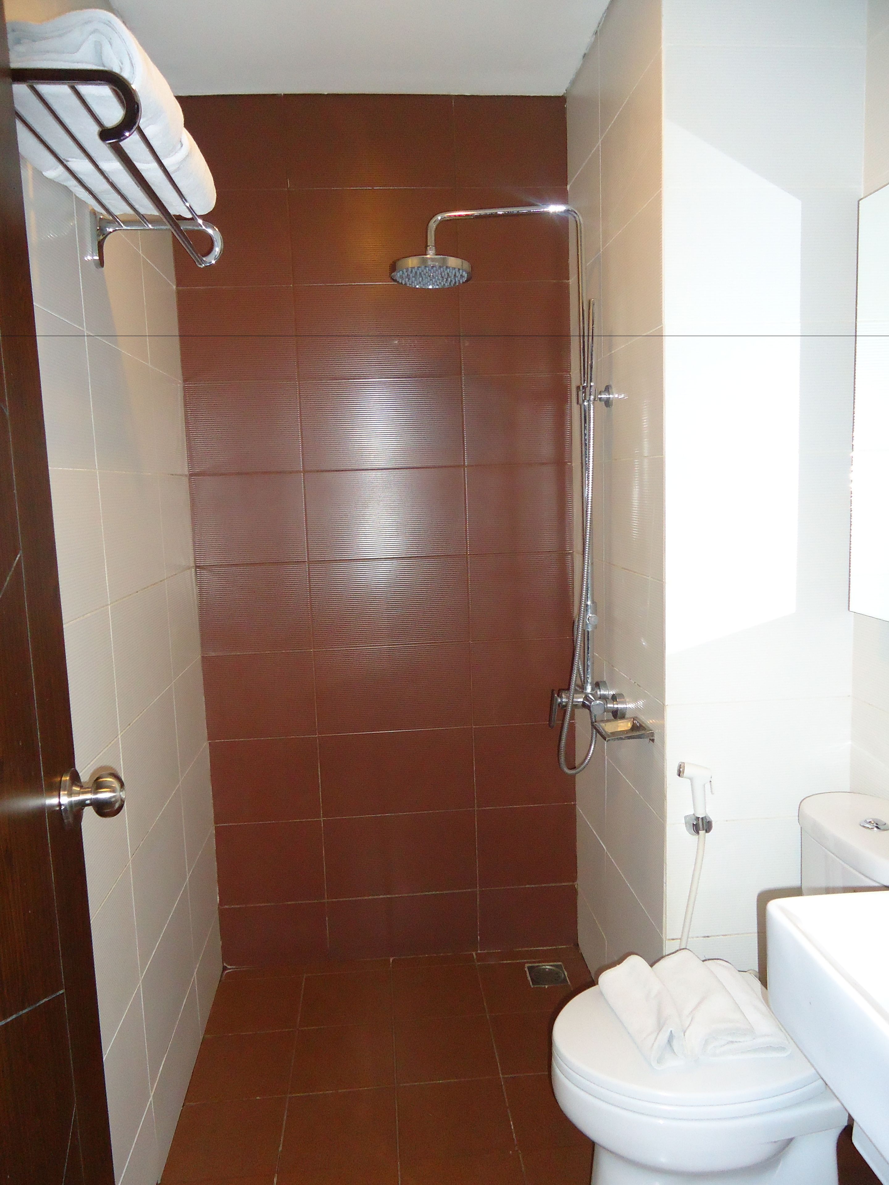 A bathroom with a shower, toilet, and towel rack.