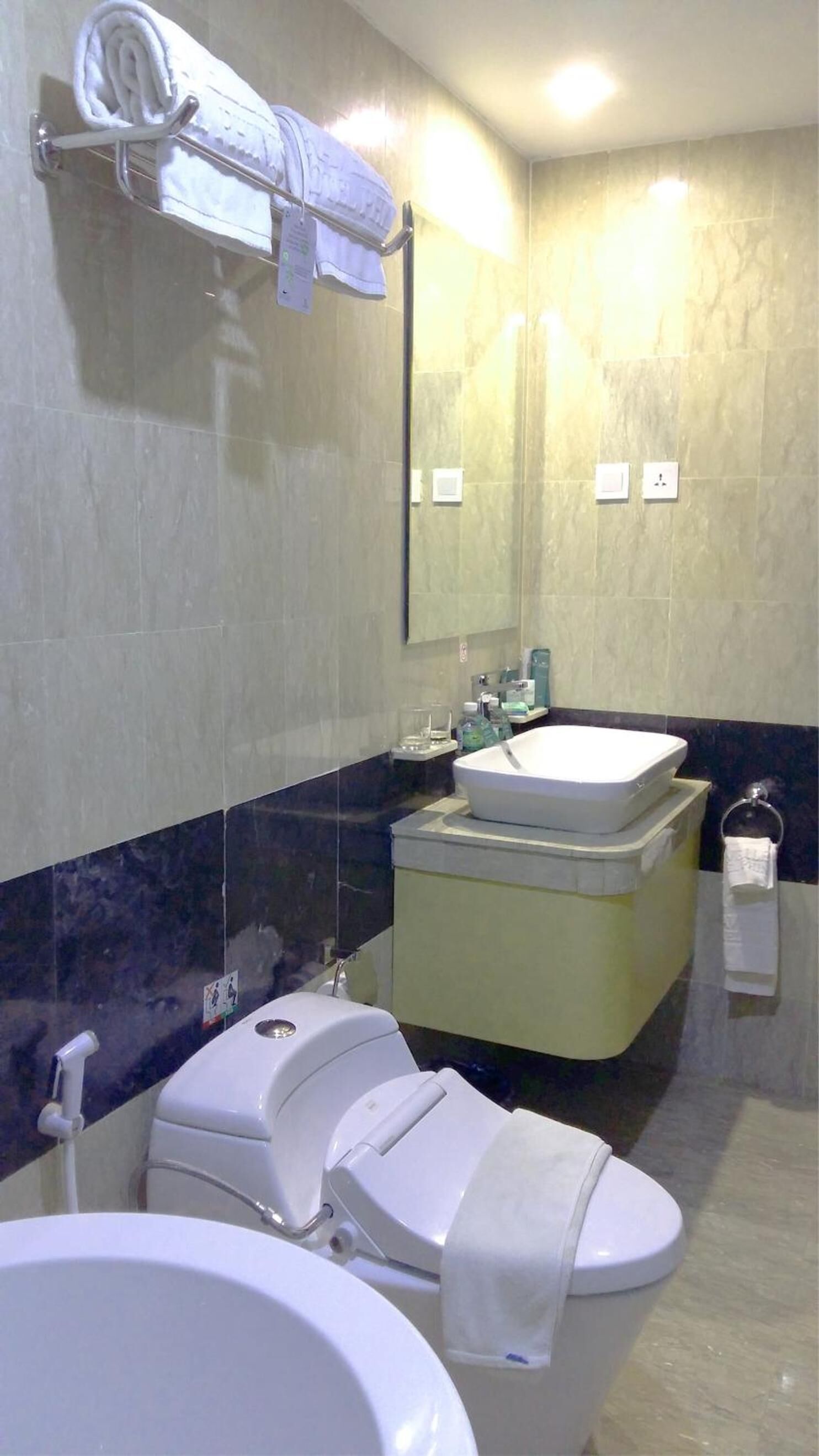 Een badkamer met toilet, wastafel en spiegel.
