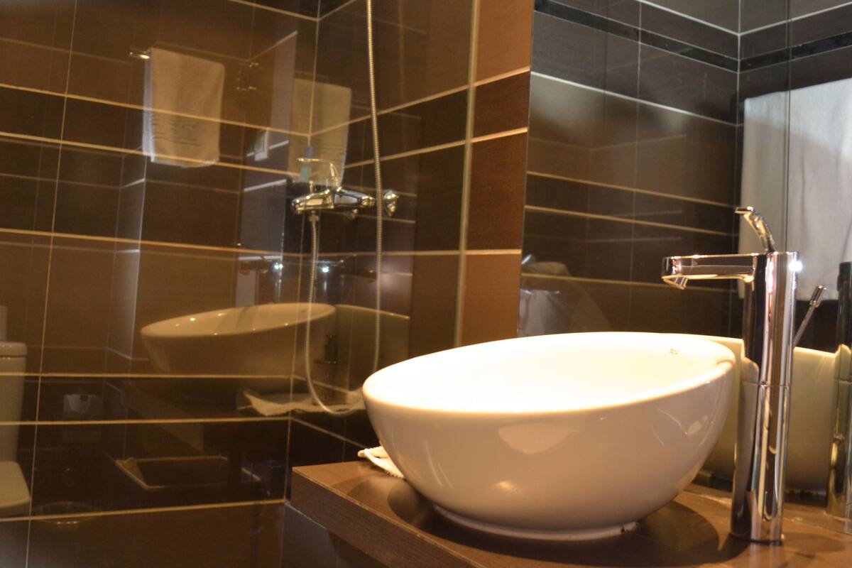 shower, free toiletries, slippers, bidet