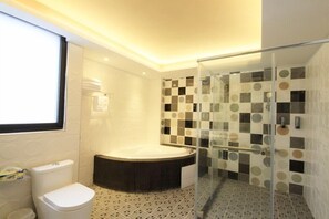 Shower, free toiletries, hair dryer, slippers