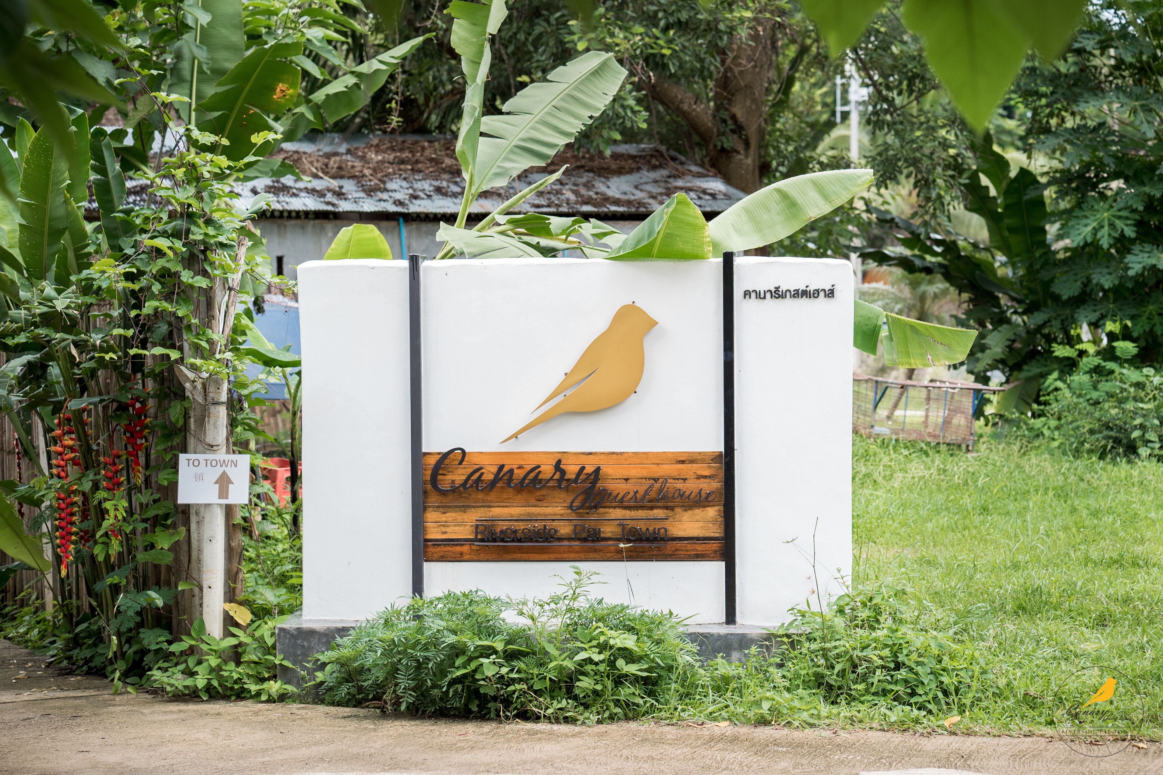 A sign for Canary Guesthouse with a bird silhouette and a directional arrow.