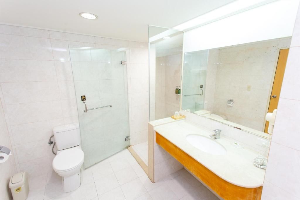 A modern bathroom with a glass-enclosed shower, a white toilet, and a vanity with a mirror.