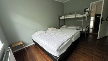 Una habitación con cama, radiador y puerta.