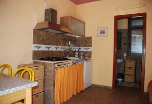 Compact kitchen with gas stove, range hood, and sink, featuring a bird-themed backsplash and adjacent bathroom access.
