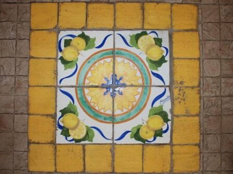 Een betegelde muur met een centrale decoratieve tegel met een bloemmotief en vier kleinere tegels met citroenmotieven.