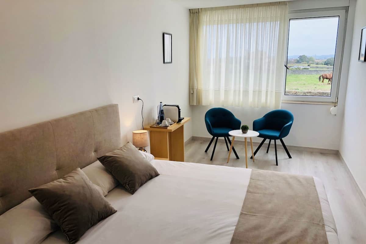 Ett hotellrum med en säng, ett nattduksbord, en lampa, två stolar, ett litet bord och ett fönster med utsikt över ett fält och en häst.