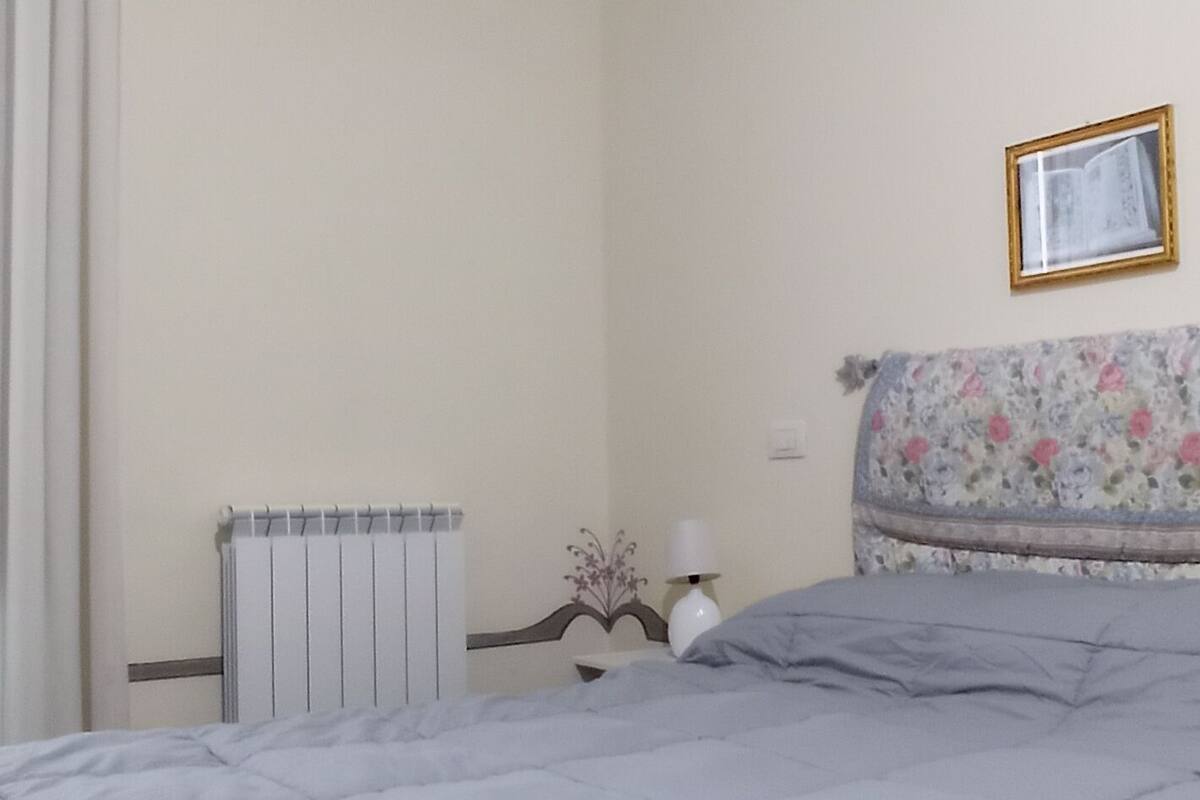 Un dormitorio con cama, aire acondicionado, radiador, cabecera con motivos florales y un cuadro en la pared.