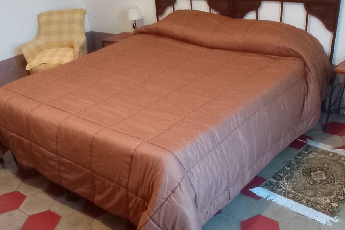 Una habitación con una cama, una silla y una alfombra.