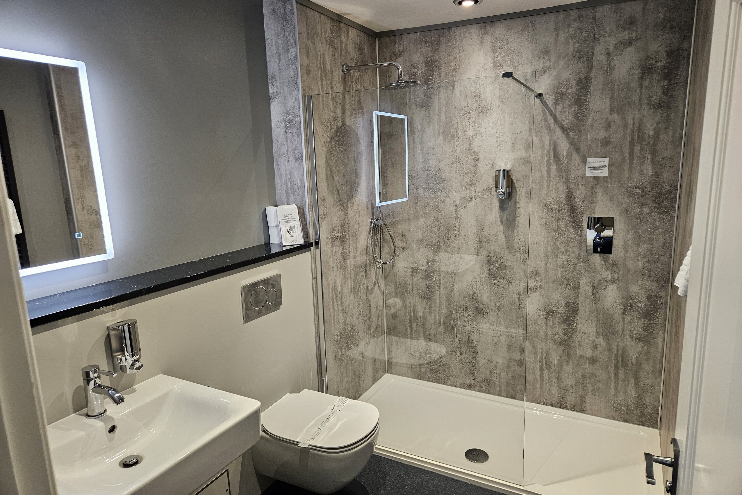 A modern bathroom with a glass-enclosed shower, a white sink, and a toilet.
