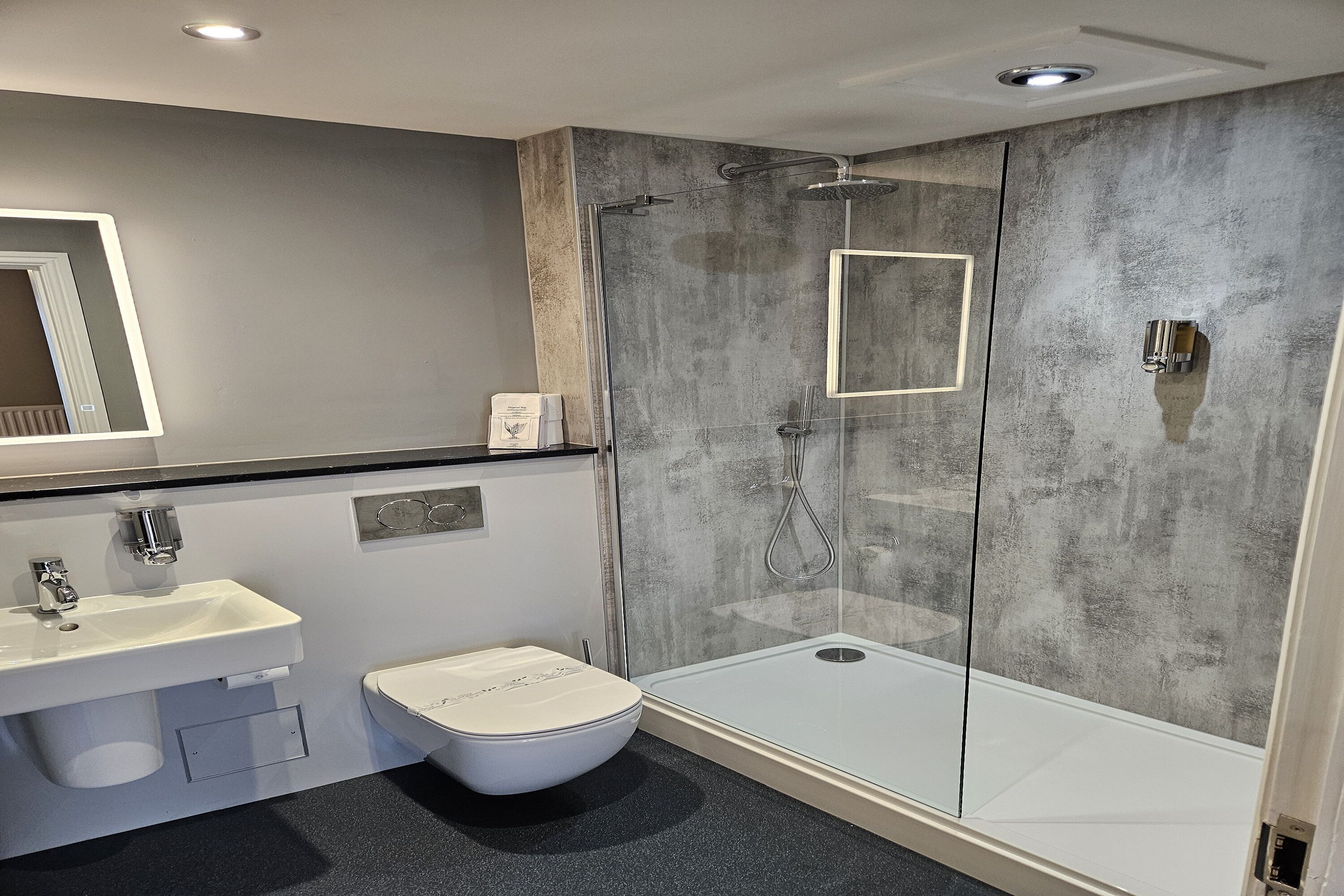 A modern bathroom with a glass-enclosed shower, a white sink, and a toilet.