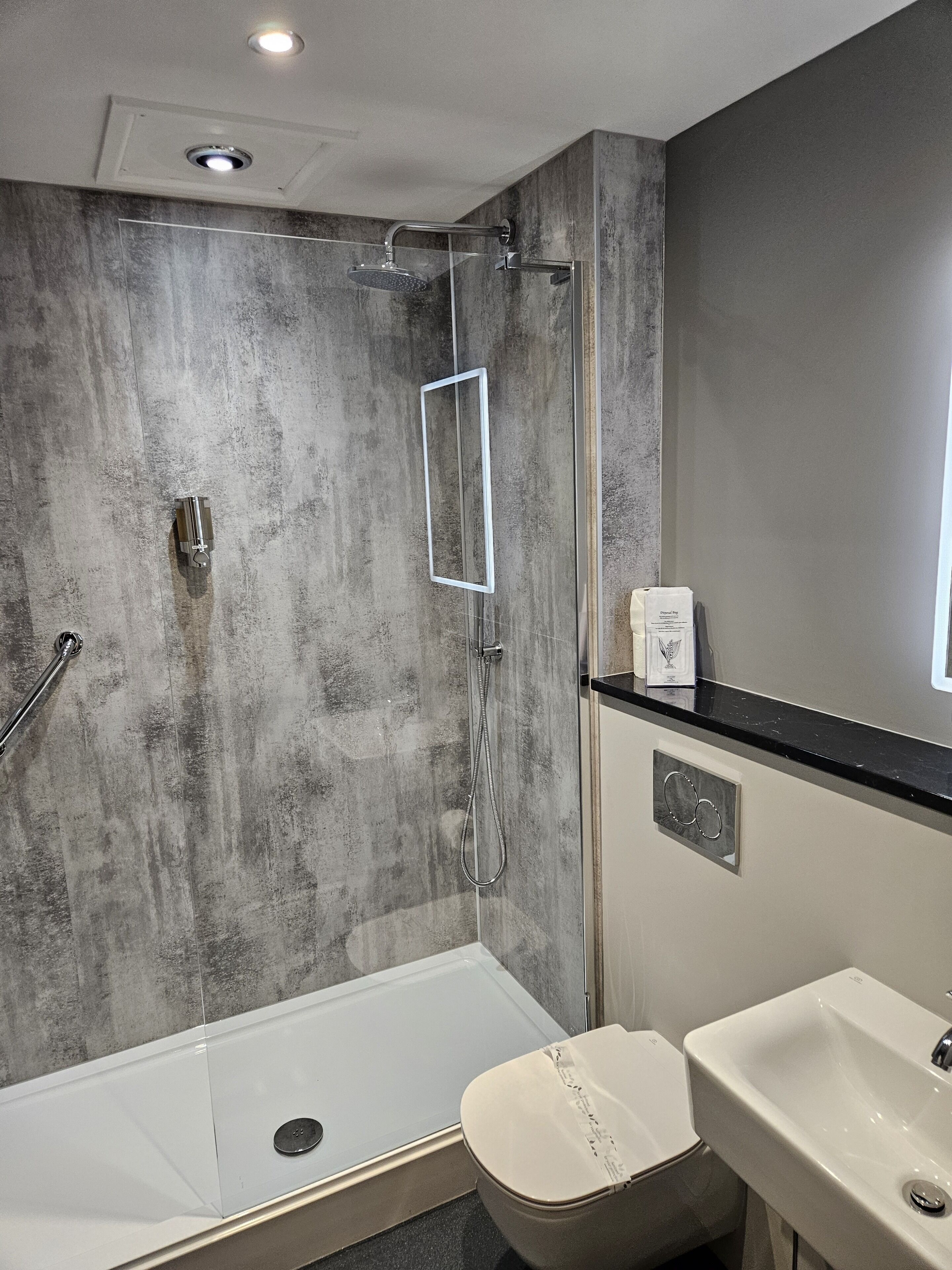 Un baño moderno con ducha acristalada, lavamanos blanco y un inodoro.