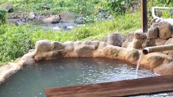 Una piscina natural con una terraza de madera, rodeada de rocas y follaje.