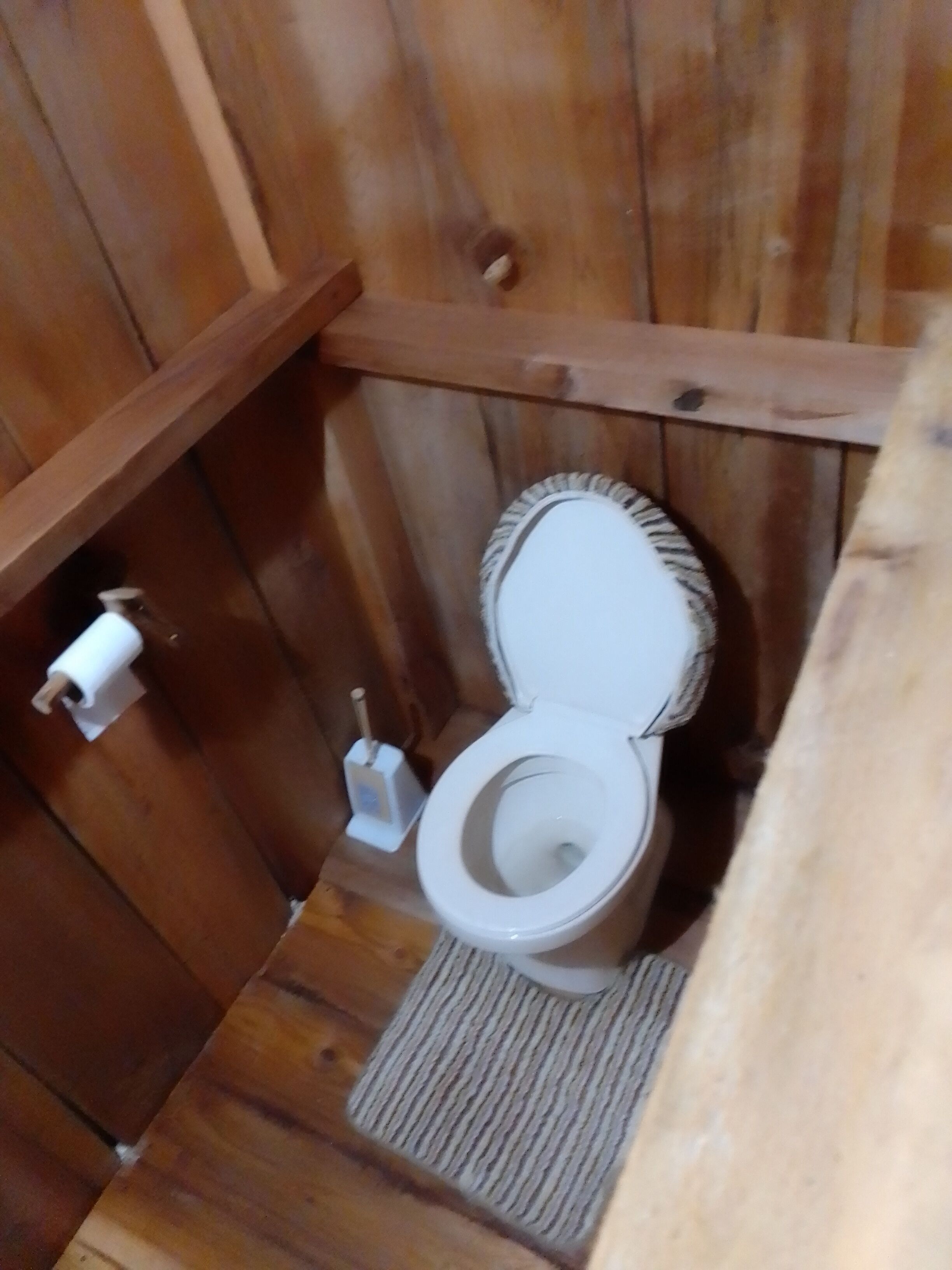 A wooden cabin-style bathroom with a toilet, a roll of toilet paper, and a toilet brush.