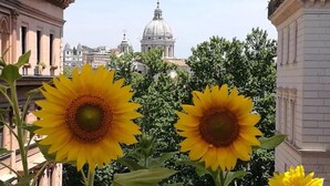 Vista de un paisaje urbano con dos girasoles destacados en primer plano y un gran edificio con cúpula al fondo.