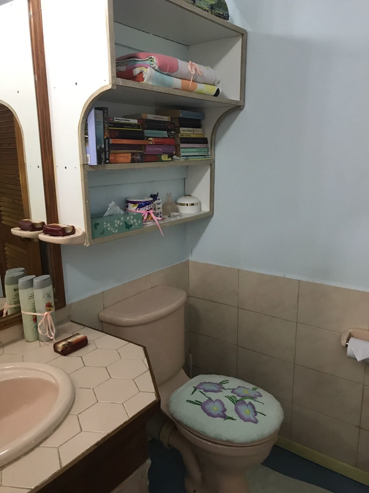 Une salle de bain avec des toilettes, un lavabo et des étagères au-dessus des toilettes.