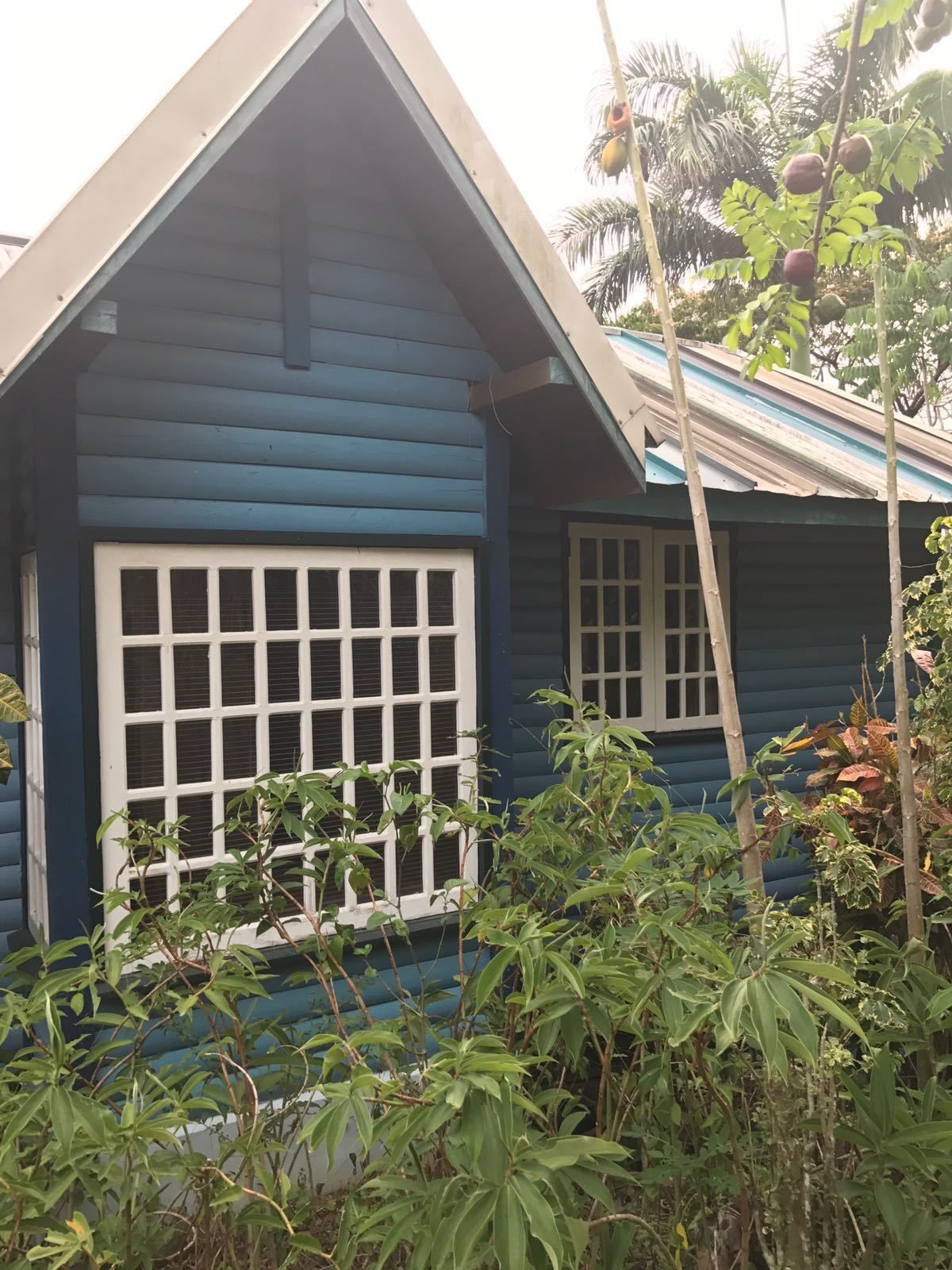 Una casa azul con tejado a dos aguas y una ventana de diseño cuadriculado.